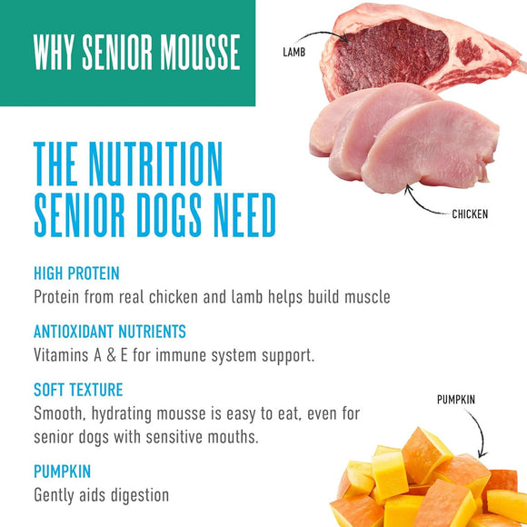 Advertisement for Senior Mousse highlighting ingredients and benefits for senior dogs.