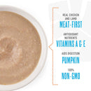 Dog food in a bowl with text highlighting ingredients and benefits on a white background