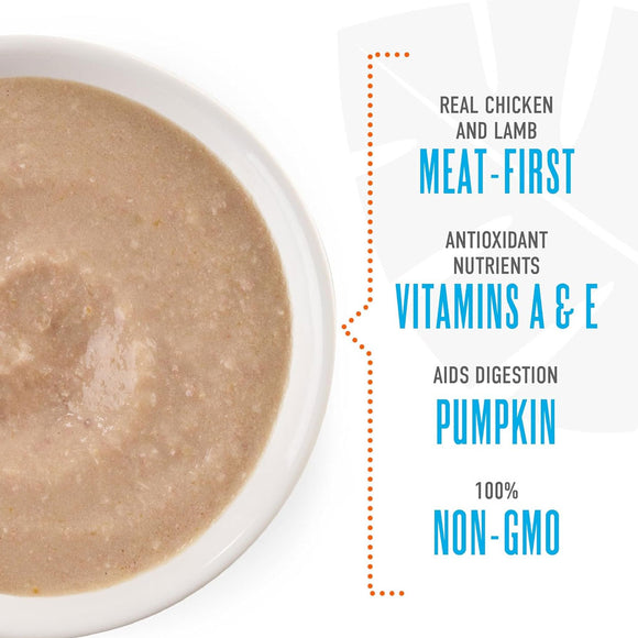 Dog food in a bowl with text highlighting ingredients and benefits on a white background