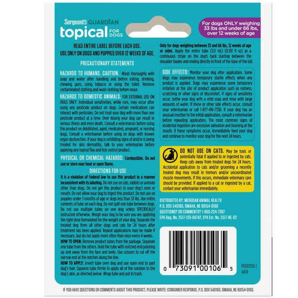 Sergeant's Guardian Flea & Tick Topical for Dogs, 33 lbs and under 66 lbs backside