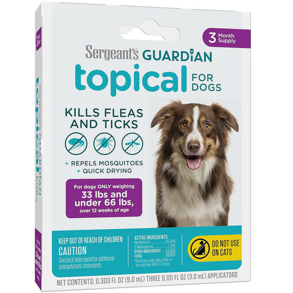 Sergeant's Guardian Flea & Tick Topical for Dogs, 33 lbs and under 66 lbs, 3-month supply