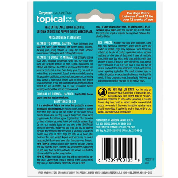 Sergeant's Guardian Flea & Tick Topical for Dogs, 7 lbs and 33 lbs backside
