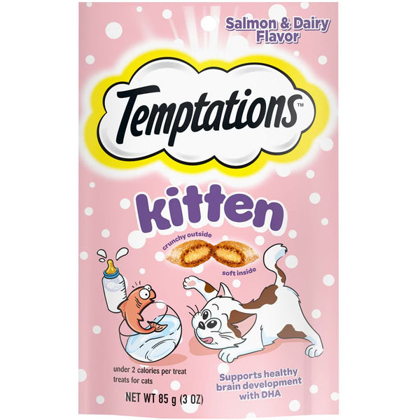 Temptations Salmon & Dairy Flavor Crunchy & Soft Kitten Treats, 3-oz