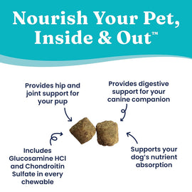 Dog treats with text highlighting health benefits on a blue and white background