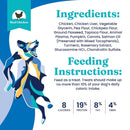 Dog treat packaging with ingredients and feeding instructions on a blue and white background