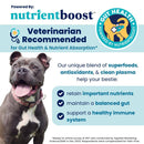 Dog with text about nutrientboost for gut health and nutrient absorption