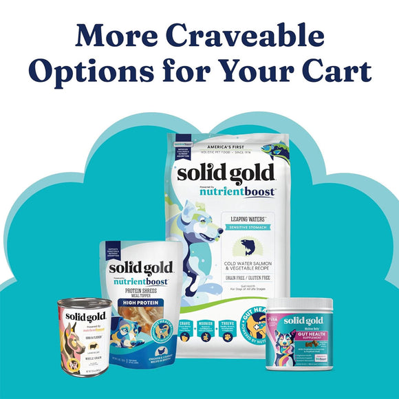 Solid Gold pet food products on a blue background with text 'More Craveable Options for Your Cart'.