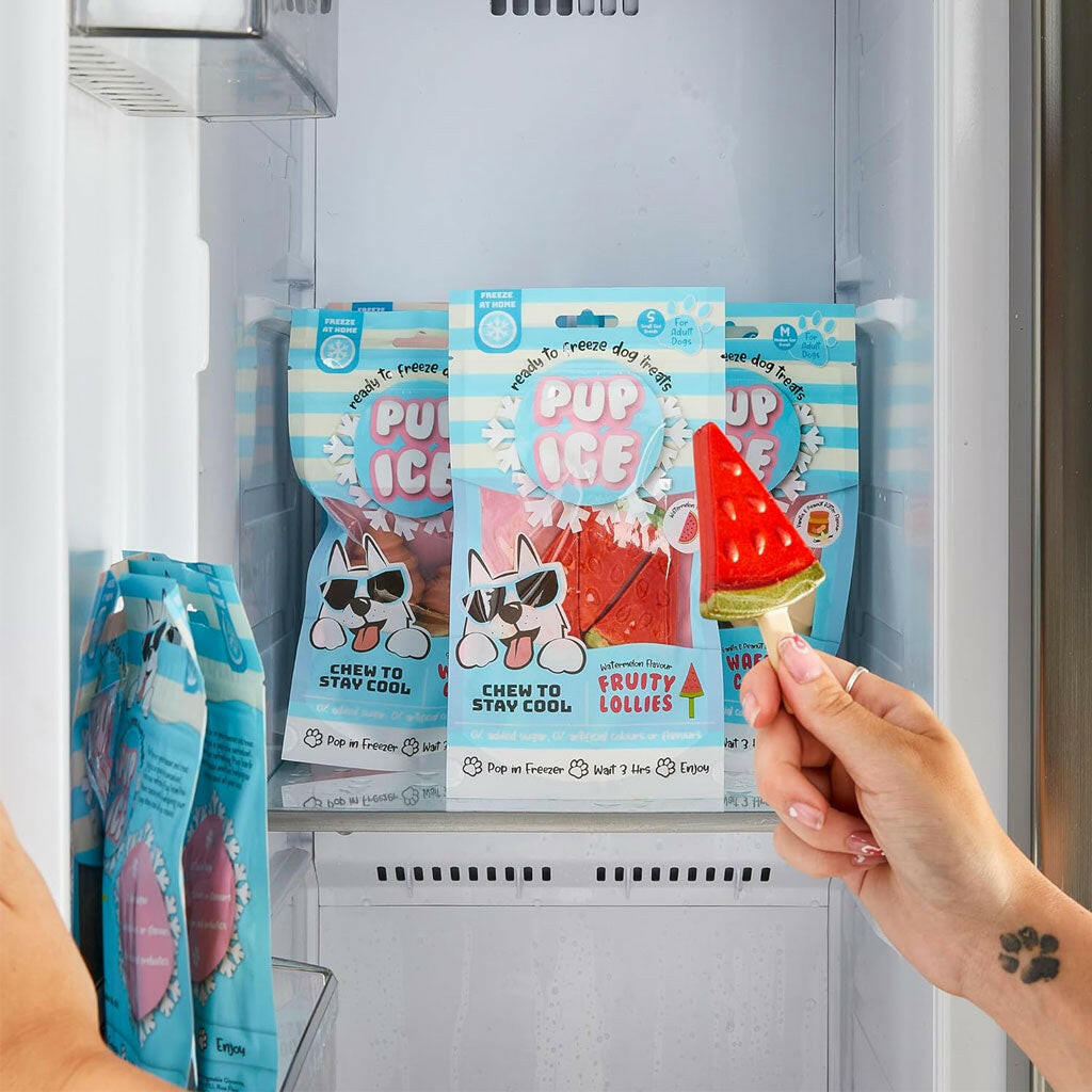 Ethical Pup Ice Fruity Lollies Ready to Freeze Dog Treats Watermelon on freezer