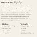 Product label with ingredients, guaranteed analysis, and caloric content on a beige background