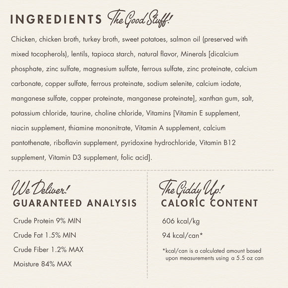 Product label with ingredients, guaranteed analysis, and caloric content on a beige background