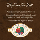 Promotional text about Fromm Four-Star gourmet pet food on a brown background with the brand logo.