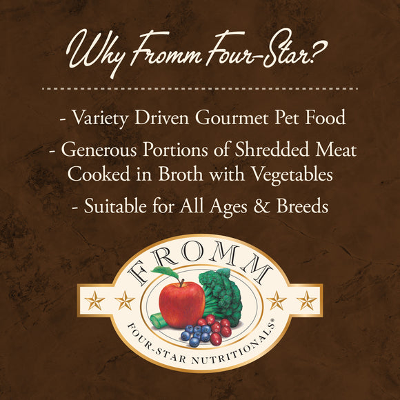 Promotional text about Fromm Four-Star gourmet pet food on a brown background with the brand logo.