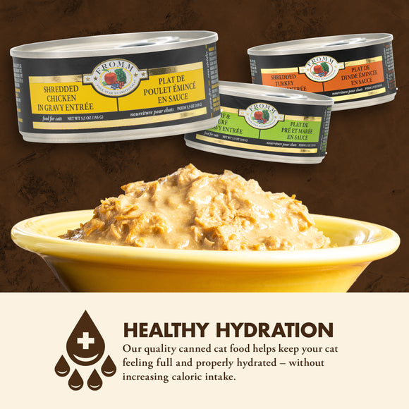 Romm canned cat food with a bowl of food and text about healthy hydration on a brown background