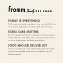 Fromm Family Pet Food advertisement with brand name and mission statement on a beige background