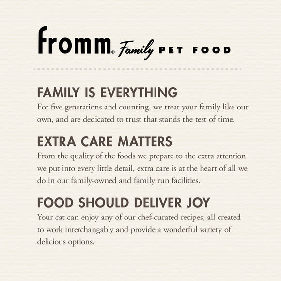 Fromm Family Pet Food advertisement with brand name and mission statement on a beige background