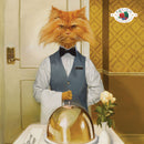 Cat in a waiter costume with a gold cloche and flowers in a room.