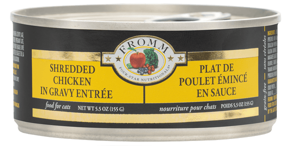 Can of Fromm Shredded Chicken in Gravy Entrée for cats on a white background