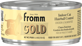 Can of Fromm Gold Indoor Cat Hairball Control cat food with a yellow label.