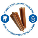 Dog chew treats with text highlighting benefits on a white background