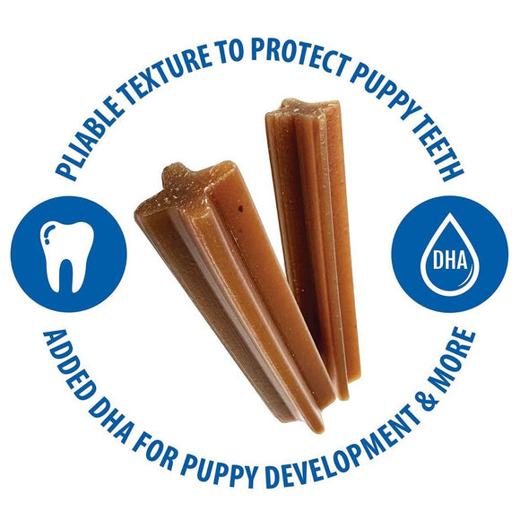 Dog chew treats with text highlighting benefits on a white background