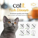 Catit Fish Dinner wet food packaging with a gray cat and product features.