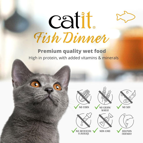 Catit Fish Dinner wet food packaging with a gray cat and product features.