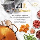 Catit product advertisement with a cat and food ingredients on a white background