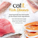 Catit Fish Dinner packaging with raw fish ingredients on a white background