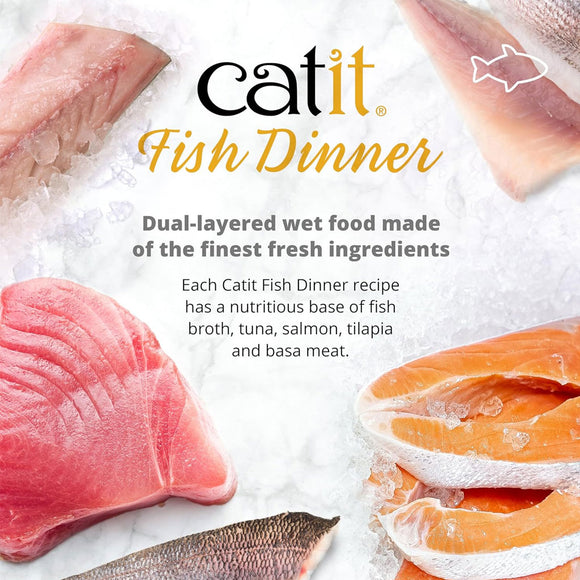Catit Fish Dinner packaging with raw fish ingredients on a white background