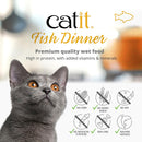 Catit Fish Dinner wet food packaging with a cat and product features.