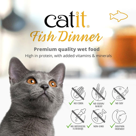 Catit Fish Dinner wet food packaging with a cat and product features.