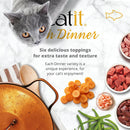 Catit food product advertisement with a cat and various ingredients on a white background