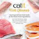 Catit Fish Dinner packaging with fish ingredients and text on a white background