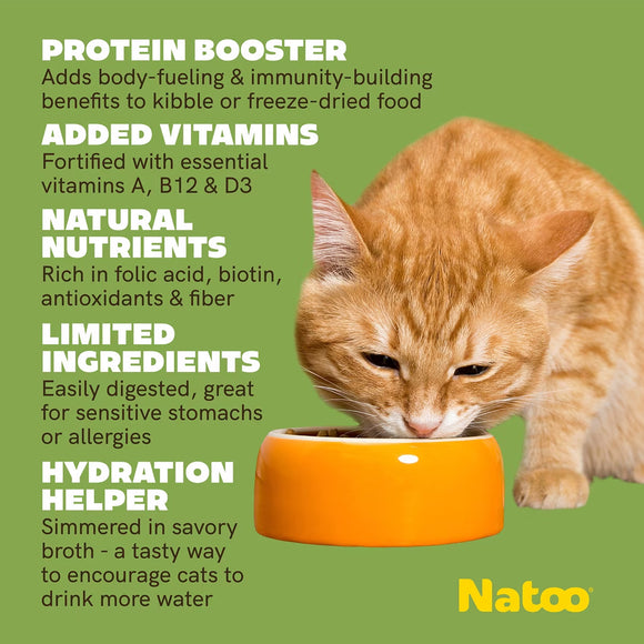 Cat drinking from an orange bowl with Natoo product information on a green background
