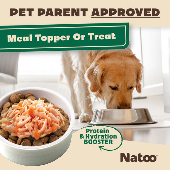 Dog eating from a bowl with a protein and hydration booster, branded as Natoo.
