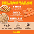 Advertisement for Natoo dog food with ingredients like chicken, carrots, and brown rice on an orange background.