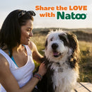 Woman with a dog in a field, with 'Share the LOVE with Natoo' text overlay.