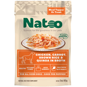 Natoo dog food package with chicken, carrot, brown rice, and quinoa ingredients on a white background