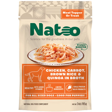 Natoo dog food package with chicken, carrot, brown rice, and quinoa ingredients on a white background