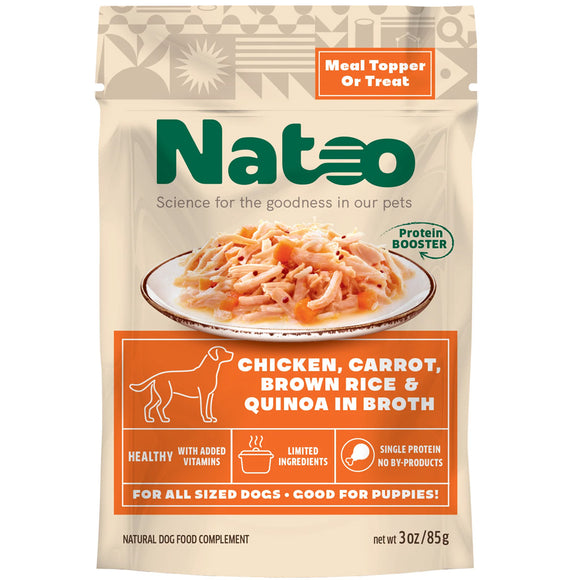 Natoo dog food package with chicken, carrot, brown rice, and quinoa ingredients on a white background