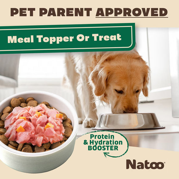 Dog eating from a bowl with pink protein and hydration booster, branded as Natoo.