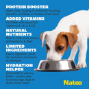 Dog eating from a bowl with Natoo protein booster product details on a blue background