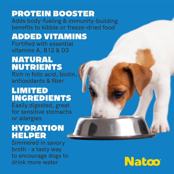 Dog eating from a bowl with Natoo protein booster product details on a blue background