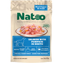 Natoo dog food package with salmon and pumpkin flavor on a beige background