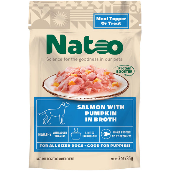 Natoo dog food package with salmon and pumpkin flavor on a beige background