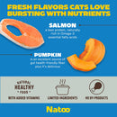 Advertisement for Natoo cat food with salmon and pumpkin on a blue background