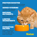 Cat eating from an orange bowl with Natoo product details on a blue background