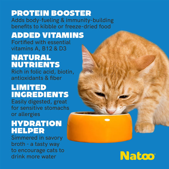 Cat eating from an orange bowl with Natoo product details on a blue background