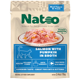 Nateo cat food package with salmon and pumpkin flavor on a beige background