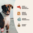 Dog with a label detailing ingredients on a white background